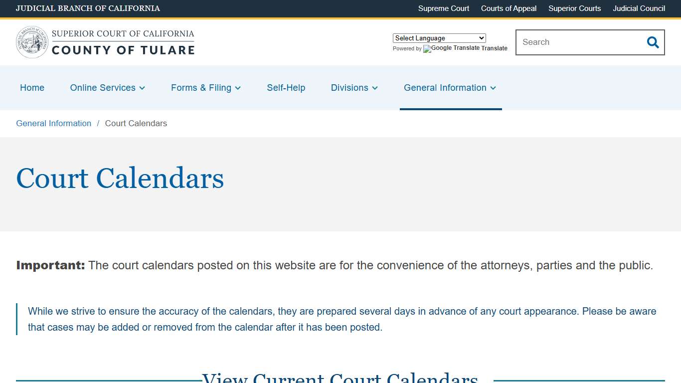 Court Calendars Superior Court of California County of Tulare