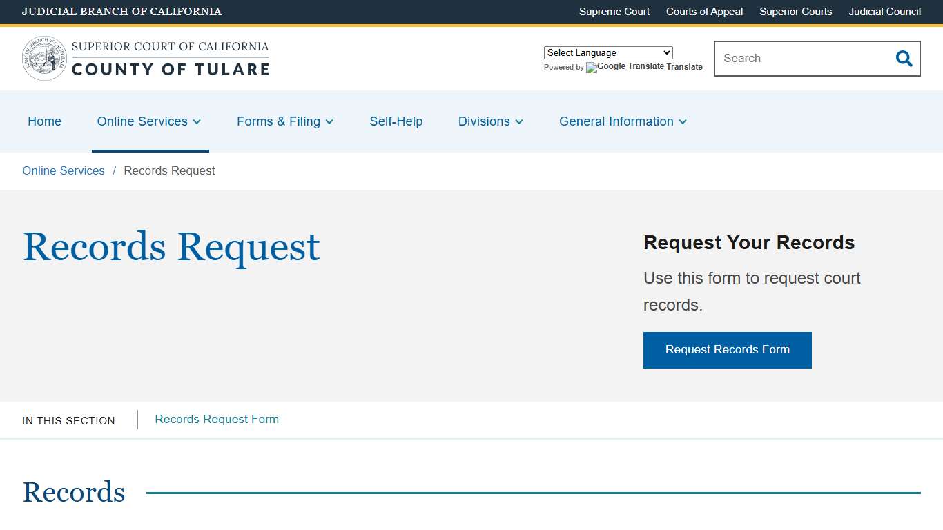 Records Request Superior Court of California County of Tulare